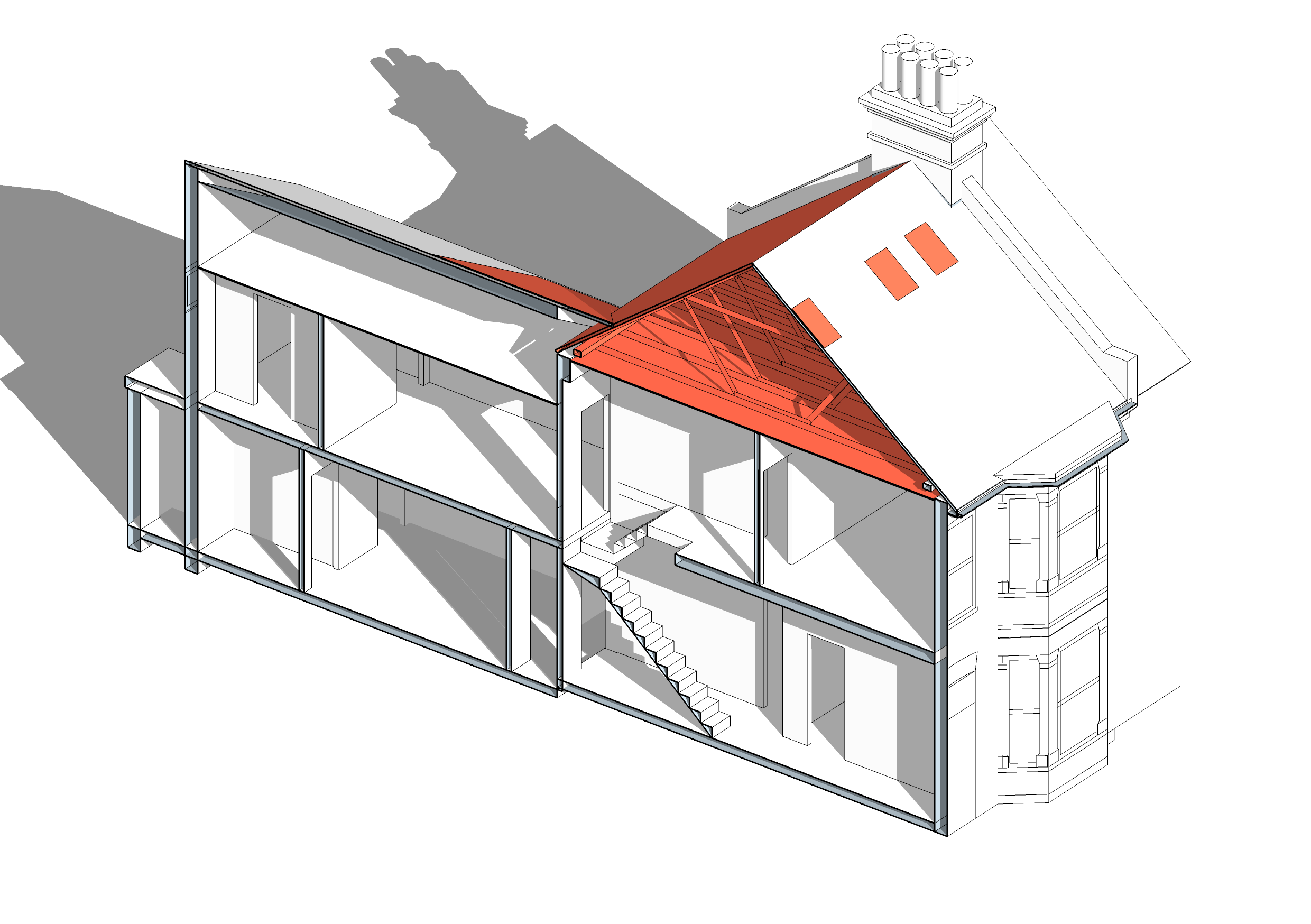 Section through two storey building, showing roof space to be modified in red
