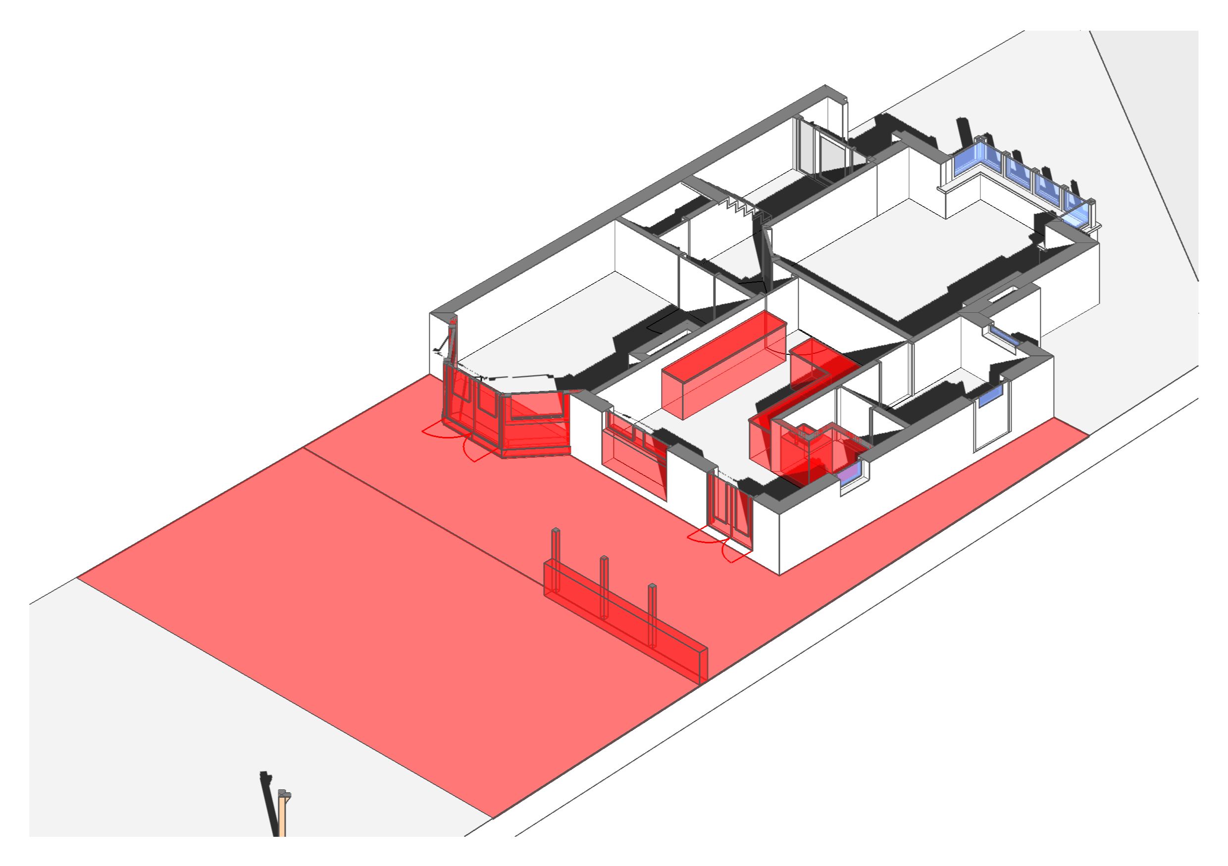 Plan, showing areas to be modified in red
