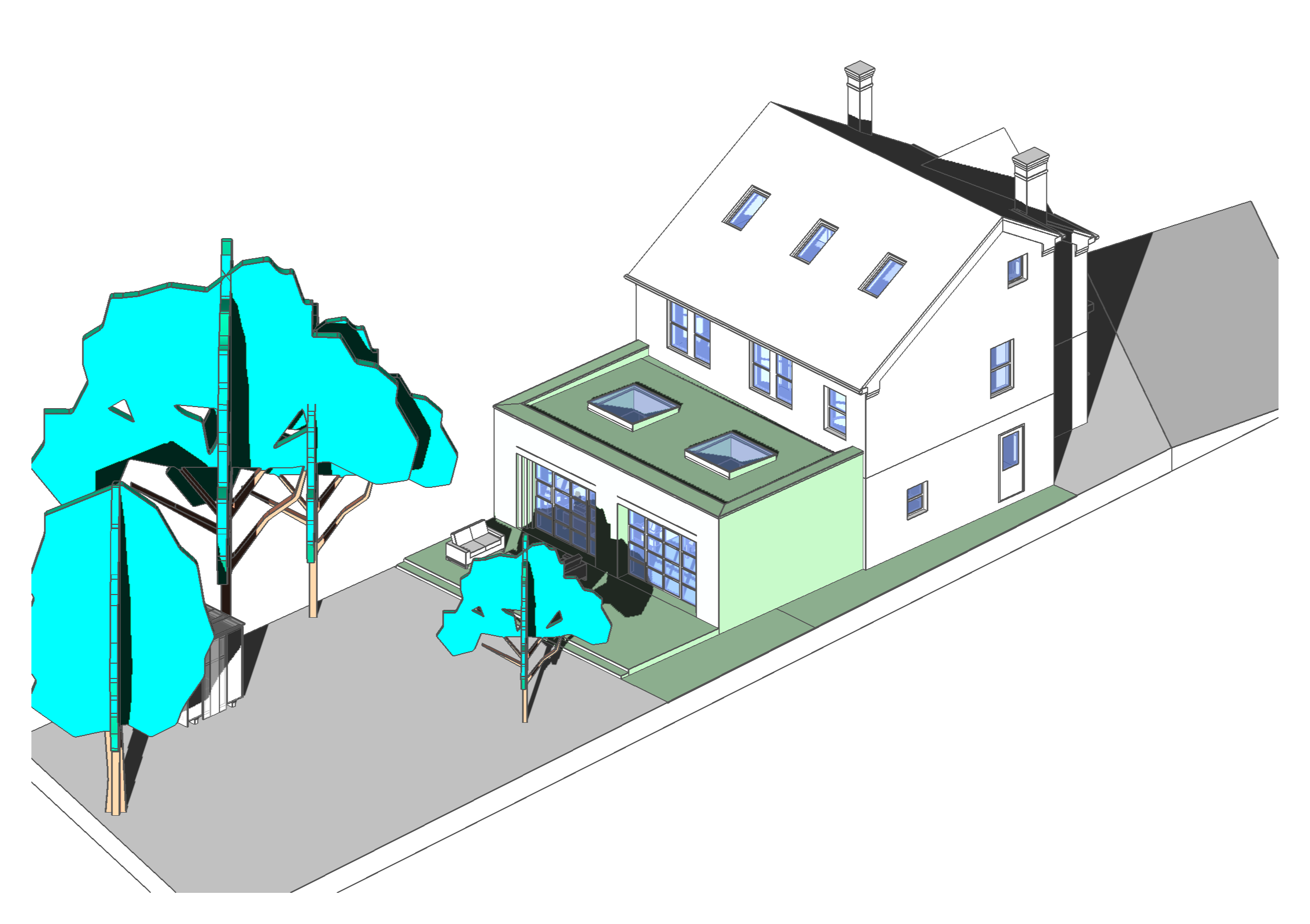 Rear view of detached house, showing proposed rear extension