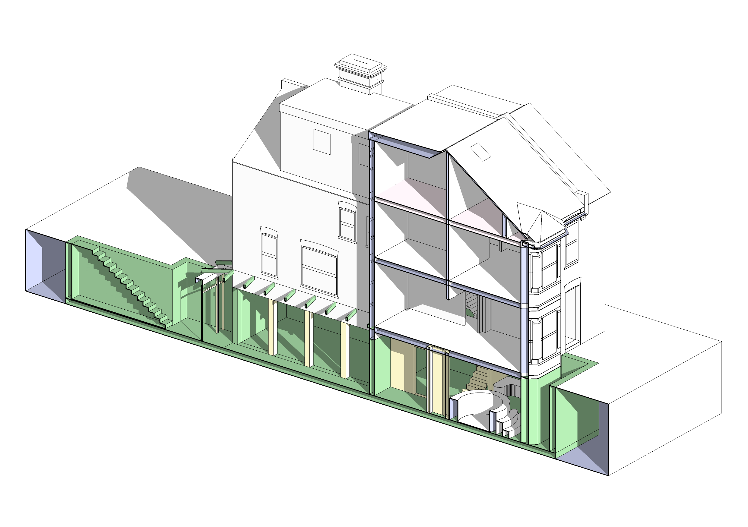 Section through four storey building, showing basement extension proposal